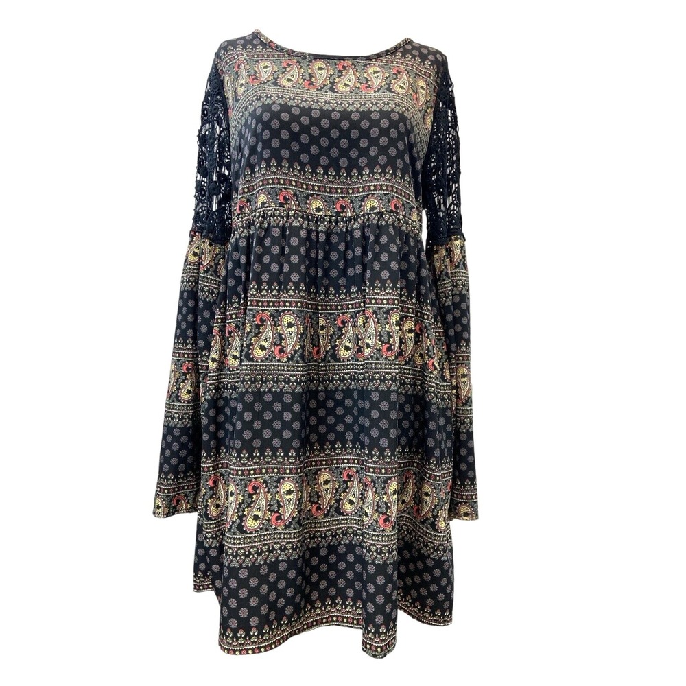 Sage Dress Womens L Black Paisley Crochet Bell Sleeve Shift Empire Waist